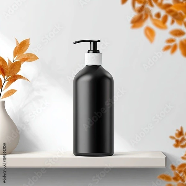 Obraz Matte black pump bottle on white shelf, autumnal leaves