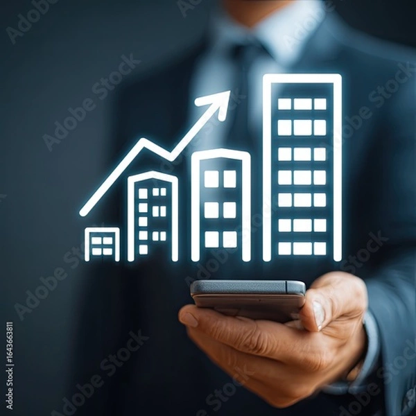 Obraz Businessman holds phone displaying graphic of growing buildings and graph