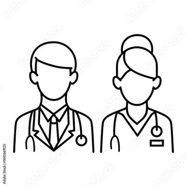 Obraz Male and female doctors. Medical team illustration. Vector outline icons on a white background. 