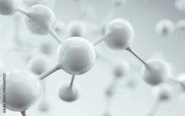 Fototapeta Abstract 3D rendering of a complex molecule structure with gleaming white spheres connected by thin rods against a soft gray background, suggesting scientific or technological concepts