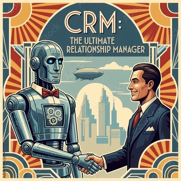 Fototapeta Retro-Futuristic Illustration of a Robot and a Businessman Shaking Hands, Representing CRM as The Ultimate Relationship Manager in an Art Deco Style Cityscape