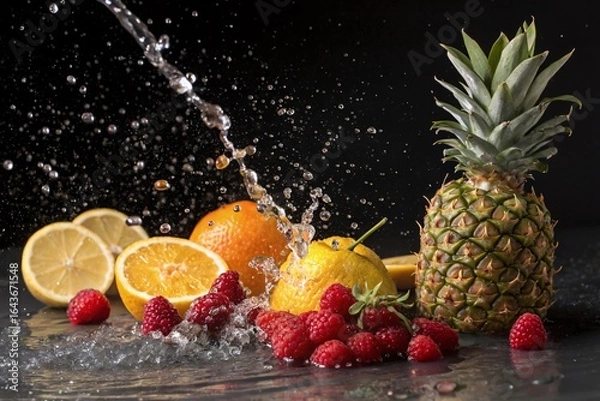 Fototapeta Pineapple, Citrus, and Raspberry Splash – Vibrant Fresh Fruits with Water Burst on Dark Background