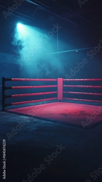 Fototapeta Boxing ring in dimly lit room with red fence.