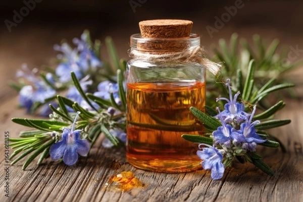 Fototapeta Amber essential oil in a small glass bottle with a cork stopper, nestled amongst sprigs of rosemary with vibrant blue flowers, rests on a rustic wooden surface. A single drop of oil is visible nearby