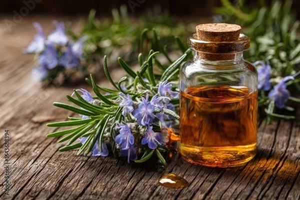Fototapeta Amber essential oil in a small glass bottle with a cork stopper rests on a rustic wooden surface next to sprigs of rosemary with delicate purple flowers.  A single drop of oil spills nearby