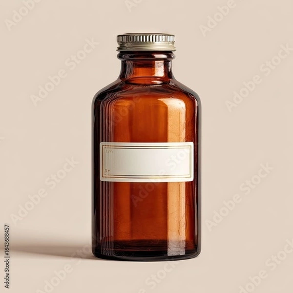 Fototapeta Amber glass apothecary bottle with a silver cap and blank rectangular label, subtly shadowed against a neutral background