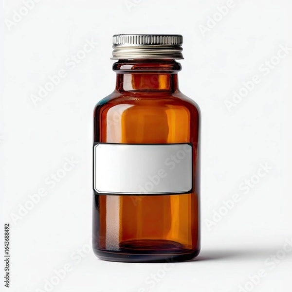 Fototapeta Amber glass apothecary bottle with a silver screw cap and a blank white rectangular label, isolated on a white background