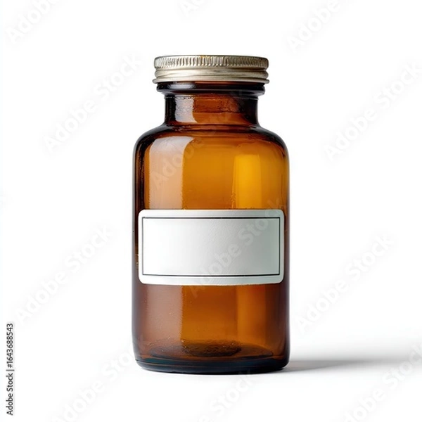 Fototapeta Amber glass apothecary jar with a silver lid and blank rectangular label, isolated on white