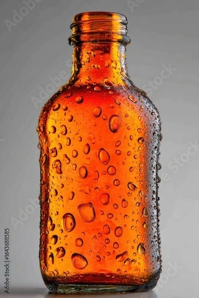 Fototapeta Amber glass bottle, condensation, small, rounded, slightly curved shape, reflecting light, droplets, studio shot, cool, refreshing
