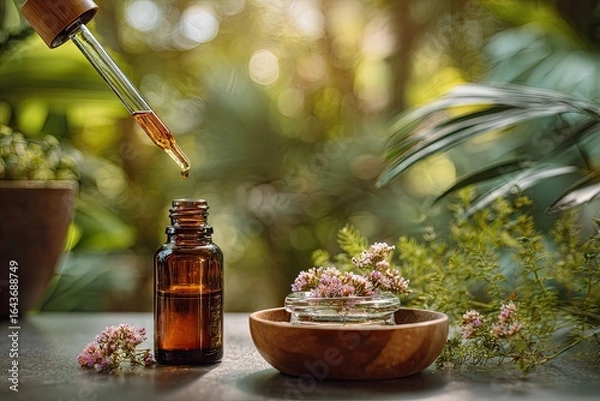 Fototapeta Amber glass bottle of essential oil being filled via dropper, surrounded by sprigs of flowering herbs on a rustic surface, outdoors in a sunlit garden