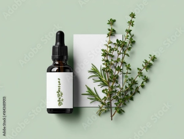 Fototapeta Amber glass bottle of essential oil with a minimalist label depicting a sprig of herb, alongside sprigs of thyme and rosemary on a pale green background