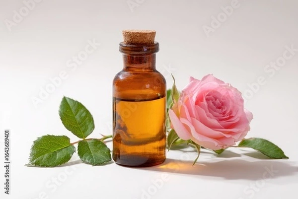 Fototapeta Amber glass bottle of rose oil with a single pink rose and green leaves on a white background, illuminated by soft light, casting gentle shadows