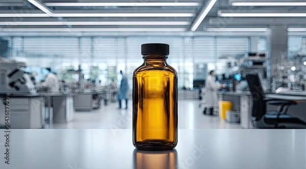 Fototapeta Amber glass bottle on lab bench, blurred scientists and high-tech equipment in background; sterile, modern setting