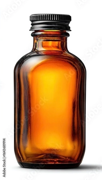 Fototapeta Amber glass bottle, rectangular shape, black metal screw-top cap, studio shot on white background, slightly curved sides, empty, shows light reflection