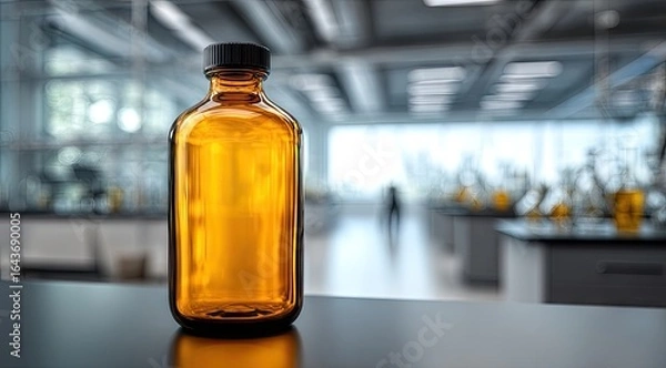 Fototapeta Amber glass bottle sits on a dark surface in a blurred lab setting;  the bottle is empty, reflecting light, and the lab is modern with lab equipment visible in the background