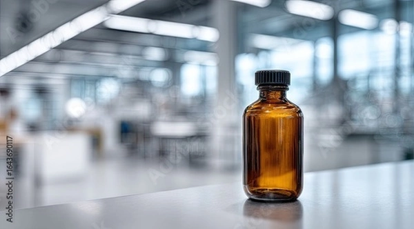 Fototapeta Amber glass bottle sits on a lab bench in a blurred sterile laboratory setting