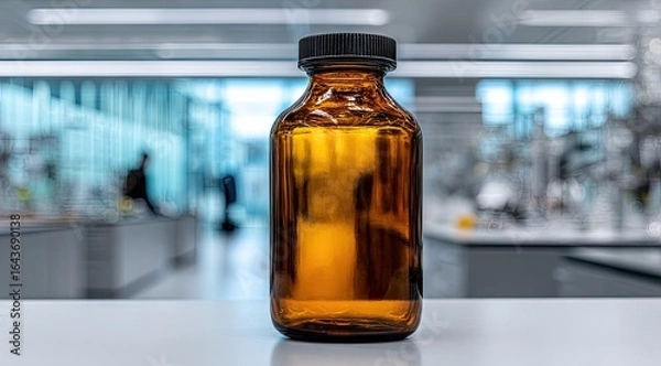 Fototapeta Amber glass bottle sits on a lab bench, blurred lab background