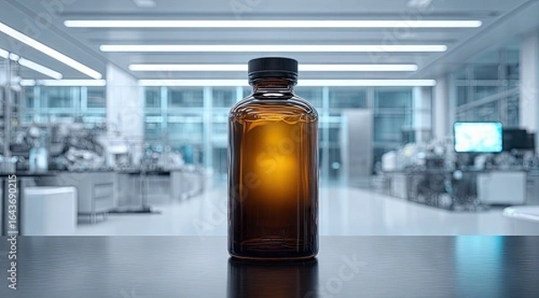 Fototapeta Amber glass bottle sits on a lab bench in a modern, sterile laboratory setting, softly lit with a glowing amber liquid inside