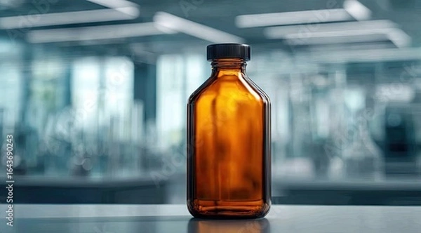 Fototapeta Amber glass bottle sits on a lab counter, blurred lab equipment in the background