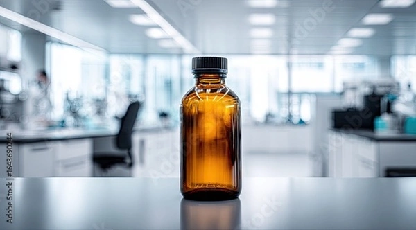 Fototapeta Amber glass bottle sits on a lab bench in a modern, blurred laboratory background