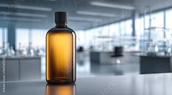 Fototapeta Amber glass bottle sits on a lab counter, reflecting light; a blurred lab background shows scientific equipment and large windows