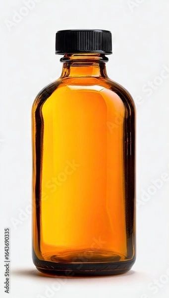 Fototapeta Amber glass bottle with a black cap, short and stout, standing on a white background, unlabeled