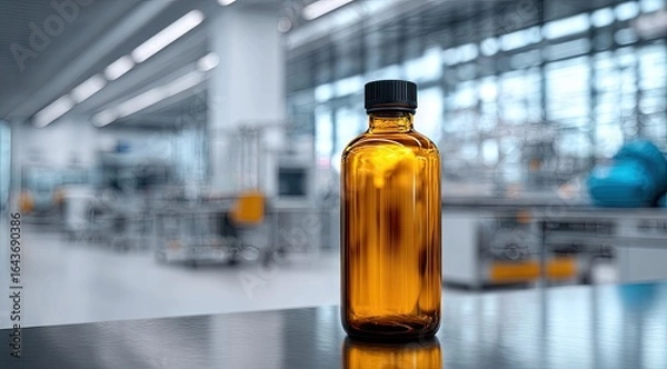 Fototapeta Amber glass bottle sits on a stainless steel surface in a blurred sterile lab setting