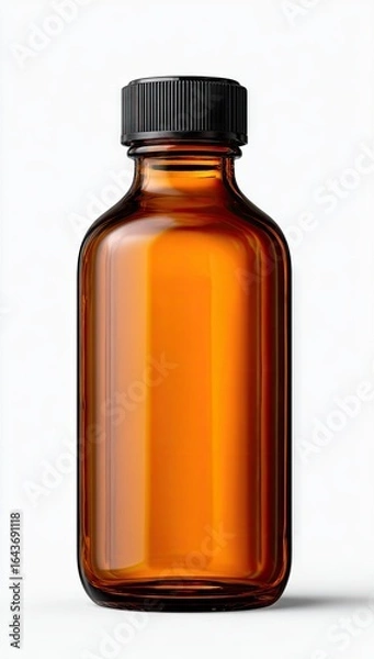 Fototapeta Amber glass bottle with black cap, rectangular shape, smooth surface, empty, studio shot on white background