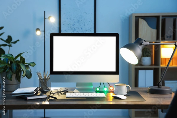 Obraz Stylish workplace with modern computer and stationery on wooden desk indoors