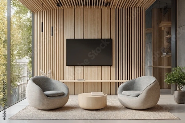 Obraz Modern minimalist living room with large TV and comfortable seating