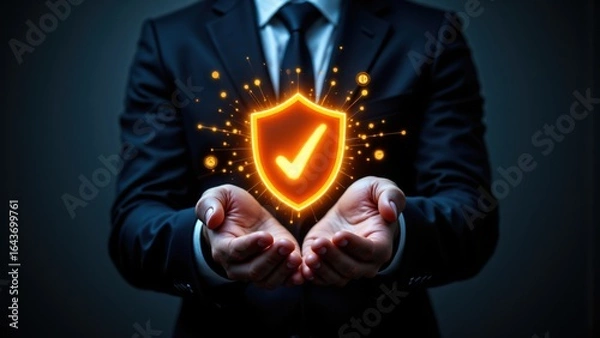 Fototapeta Businessman Holding Digital Security Shield with Checkmark