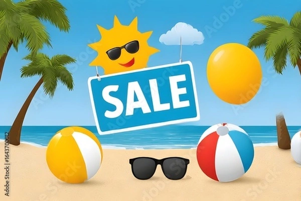 Obraz Beach with palm trees and a sale sign with a smiling sun