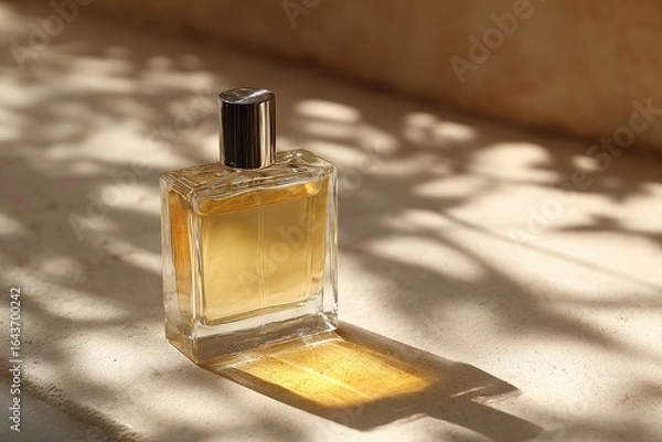 Fototapeta Amber perfume in a clear glass bottle with a silver cap casts a warm shadow on a light beige surface