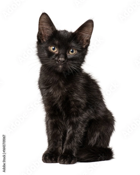 Obraz A small black kitten sitting and looking forward isolated on transparent background