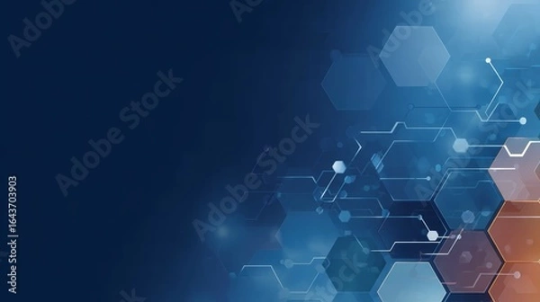 Fototapeta Modern digital artwork featuring interconnected circuit lines and geometric hexagon shapes on a gradient blue background, symbolizing innovation and technology with ample space for text