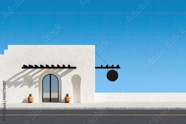 Obraz Whitewashed storefront with arched entryway and black sign