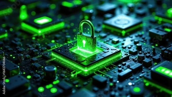 Fototapeta Cybersecurity Concept, Glowing Lock on Circuit Board