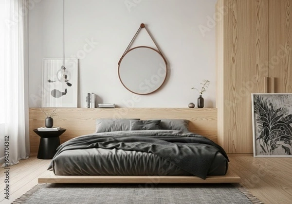 Obraz A minimalist bedroom with a wooden headboard and round mirror