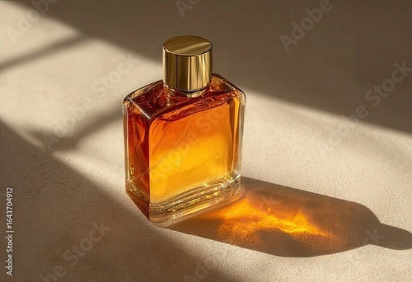 Fototapeta Amber-hued perfume in a rectangular glass bottle with a gold cap, casts a warm shadow on a beige surface in sunlight