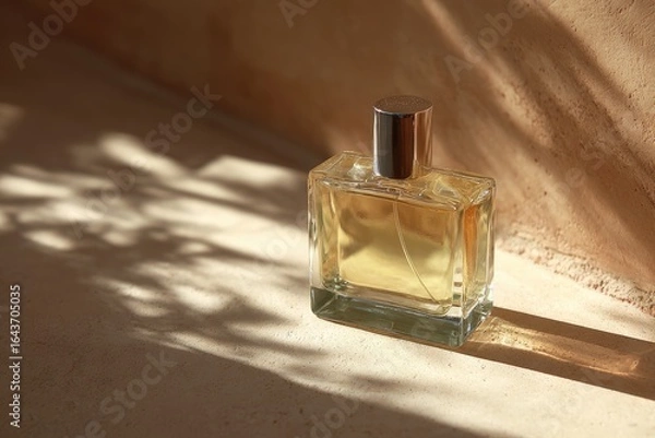 Fototapeta Amber-hued perfume in a square glass bottle with a gold cap rests on a beige surface, dappled sunlight casting leaf shadows