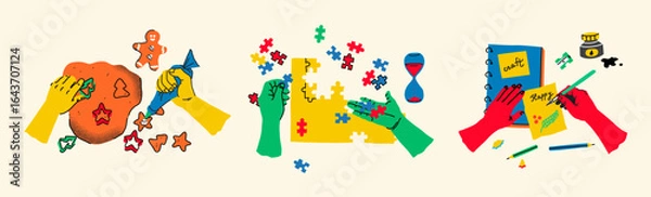 Fototapeta Hands engaged in various creative hobbies. Creative leisure activities fill this set as human arms actively bake, solve puzzles, and craft.