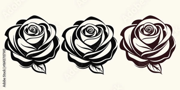 Obraz Set of three vector black silhouettes of rose flowers isolated on a white background. Red rose vector.