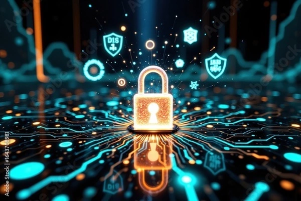 Fototapeta Cybersecurity Concept with Glowing Lock and Circuit Board
