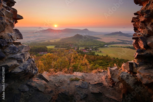 Fototapeta Misty Autumn Morning in Czech Central Mountains Colorful Fields and Forests