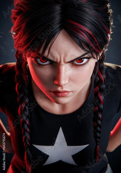 Fototapeta Garota Estilo Punk com Tranças Pretas e Vermelhas