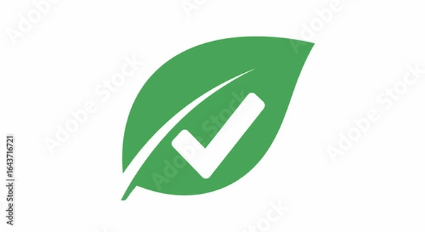 Fototapeta Eco-friendly green leaf with checkmark icon symbolizing natural certification. A simple flat vector logo for organic, sustainable, and environmentally approved products