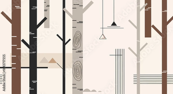 Fototapeta Contemporary vector illustration of a minimalist birch tree forest with abstract geometric patterns and modern Scandinavian design elements.