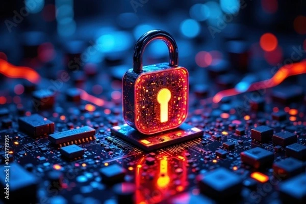 Fototapeta Cybersecurity Concept with Digital Lock on Circuit Board
