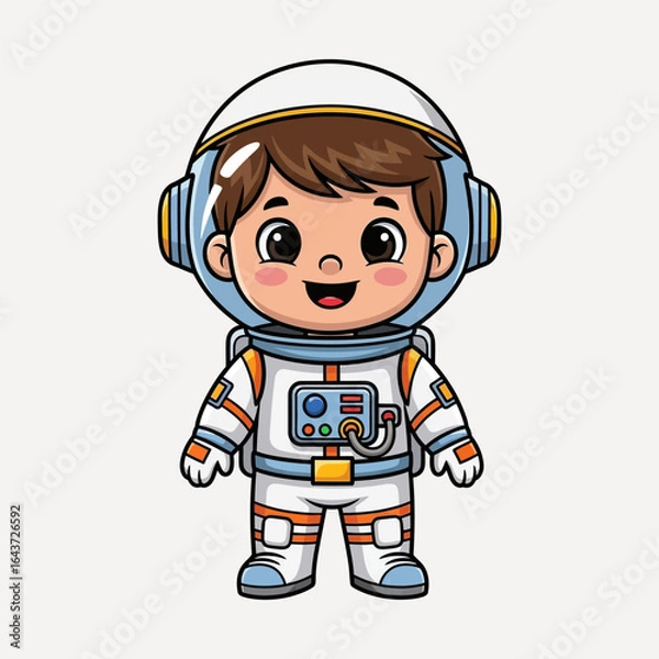 Fototapeta Cute cartoon astronaut boy in a spacesuit standing and smiling against a white background.