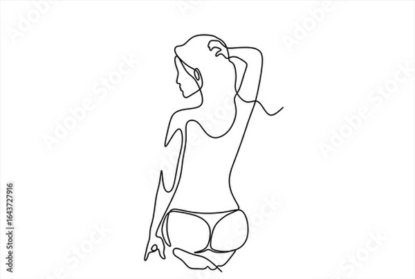 Fototapeta One line drawing woman in hat sitting on the beach. Modern minimalism art, aesthetic contour. Hand drawn one line vector. Editable stroke